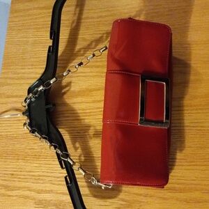 Womens alfani clutch red purse silver chain Some smudges exterior, inside exc